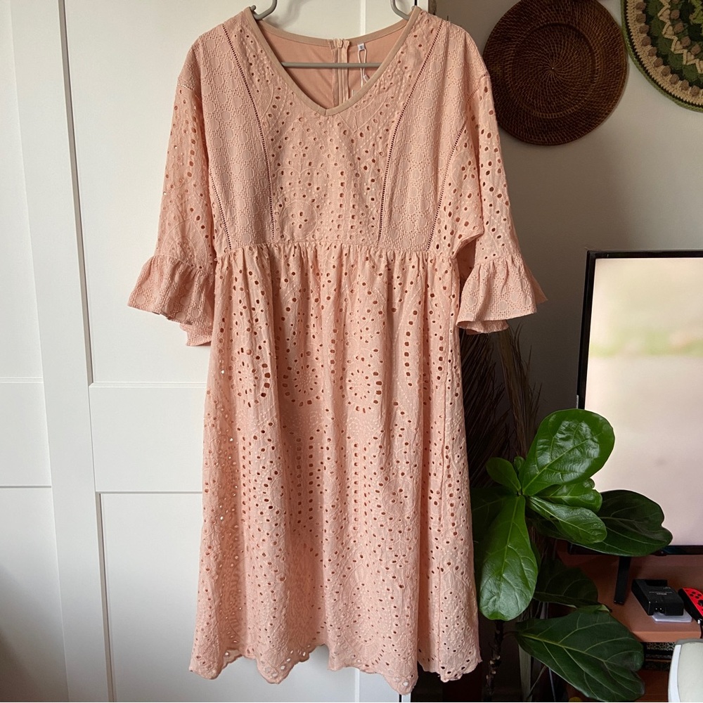 Petallush Blush Bell Sleeve V Neck Gathered Waist Eyelet Cotton Midi Dress - S